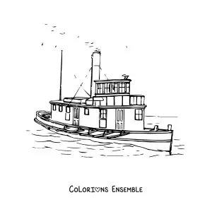 Image à colorier d'un remorqueur à vapeur sur la mer