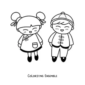 Image à colorier d'enfants chinois kawaii