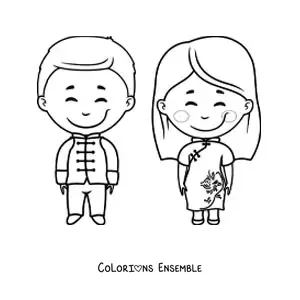 Image à colorier d'un couple chinois animé