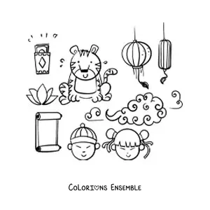 Image à colorier d'éléments animés de la culture chinoise