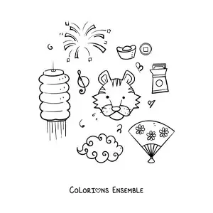Image à colorier d'éléments kawaii de la culture chinoise