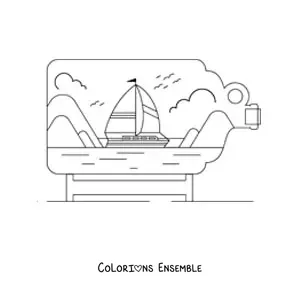 Image à colorier d'un bateau sur la mer avec des nuages, à l'intérieur d'une bouteille