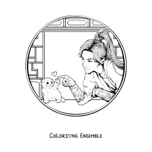 Image à colorier d'une belle guerrière chinoise avec un chat