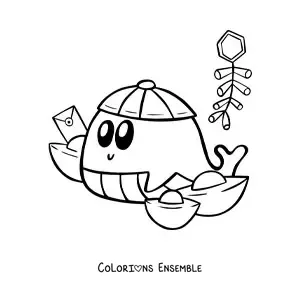 Image à colorier d'une baleine kawaii animée qui fête le Nouvel An chinois