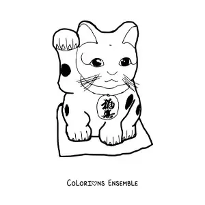 Image à colorier d'un chat chinois porte-bonheur