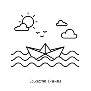 Image à colorier d'un bateau en papier sur la mer