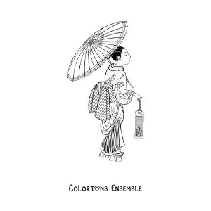 Image à colorier d'une femme chinoise avec une ombrelle