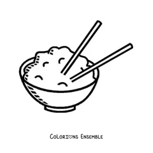 Image à colorier d'une assiette de riz avec des baguettes chinoises