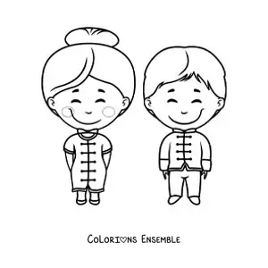 Image à colorier d'un homme et d'une femme chinois en tenue traditionnelle
