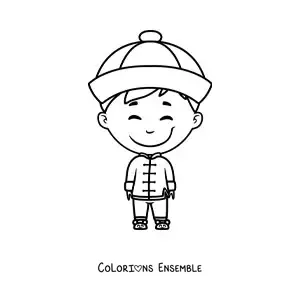 Image à colorier d'un petit garçon chinois en tenue traditionnelle
