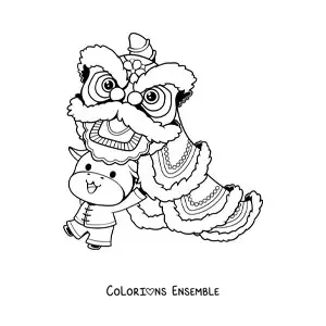 Image à colorier d'une vache rigolote avec un dragon chinois