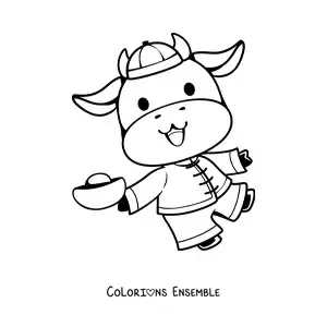 Image à colorier d'une vache rigolote qui fête le Nouvel An chinois