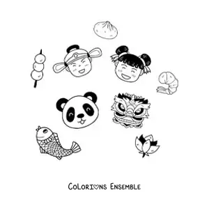 Image à colorier d'enfants chinois kawaii avec un panda et un masque chinois
