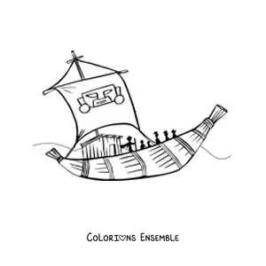 Image à colorier d'un bateau inca avec son équipage sur la mer