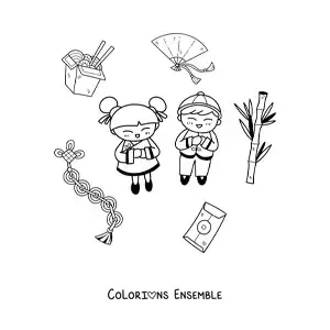 Image à colorier d'enfants chinois kawaii avec des éléments de la culture chinoise