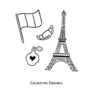 Image à colorier de la tour Eiffel et du drapeau de la France