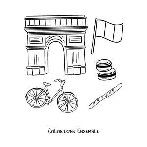 Image à colorier de l'Arc de Triomphe de Paris et du drapeau de la France