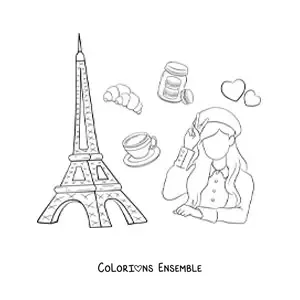 Image à colorier de la tour Eiffel et d'une fille française