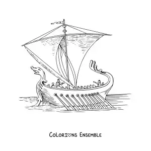 Image à colorier d'un ancien navire romain avec une proue en forme de serpent sur la mer