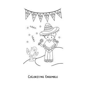 Image à colorier d'un petit garçon mexicain rigolo