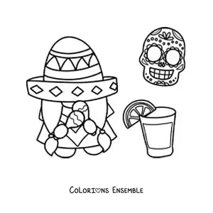 Image à colorier d'un lutin rigolo avec un sombrero mexicain et de la tequila