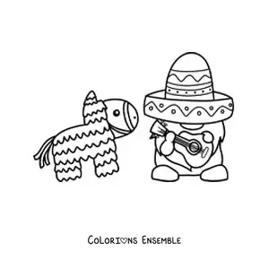 Image à colorier d'un lutin rigolo avec un sombrero mexicain et une piñata
