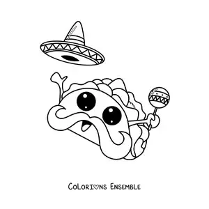 Image à colorier d'un taco mexicain kawaii et rigolo avec un sombrero et une maraca