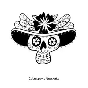 Image à colorier d'un crâne mexicain avec un sombrero