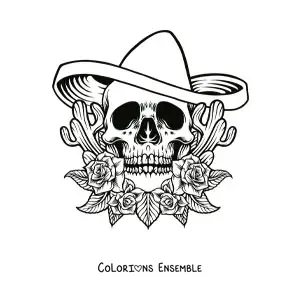 Image à colorier d'un crâne avec un sombrero mexicain