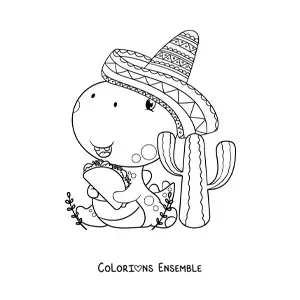 Image à colorier d'un dinosaure rigolo avec un sombrero mexicain et un taco