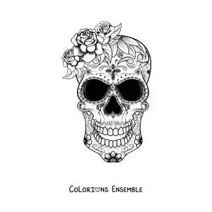 Image à colorier d'un crâne mexicain avec des fleurs