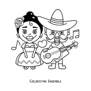 Image à colorier d'un couple mexicain en tenues traditionnelles