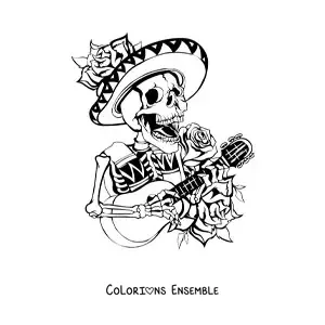 Image à colorier d'un squelette mariachi mexicain