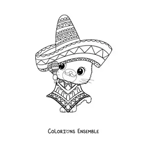 Image à colorier d'un chat mariachi rigolo