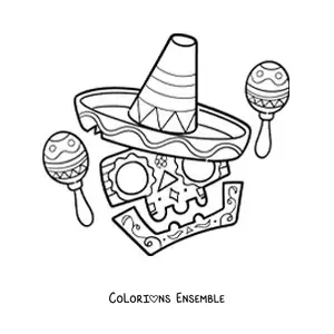 Image à colorier d'un crâne mexicain rigolo avec des maracas