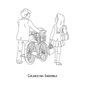 Image à colorier d'un couple avec un vélo