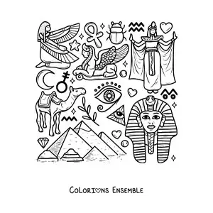 Image à colorier de pyramides et d'éléments de la culture de l'Égypte ancienne