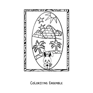 Image à colorier d'un lapin rigolo qui visite les pyramides égyptiennes