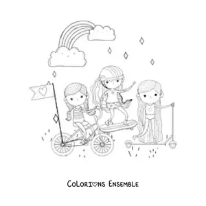 Image à colorier de trois filles à vélo, en skateboard et en trottinette avec un arc-en-ciel en arrière-plan