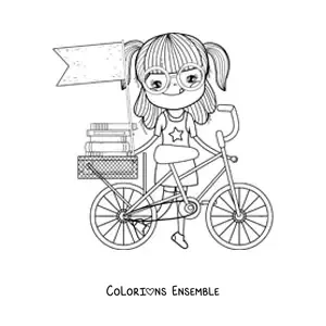 Image à colorier d'une fille avec un vélo et des livres