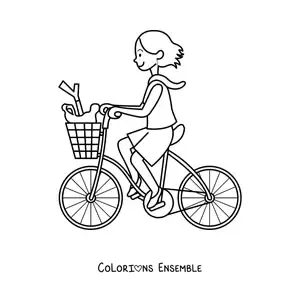 Image à colorier d'une fille montée sur un vélo