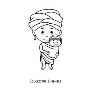 Image à colorier d'une femme africaine en style animé avec un bébé