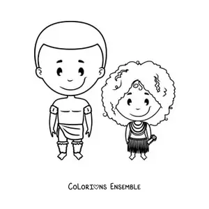 Image à colorier d'une fille d'une tribu africaine et de son père
