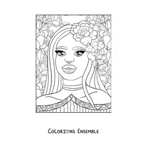Image à colorier d'une belle femme africaine avec des fleurs