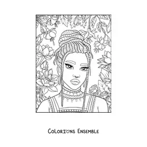 Image à colorier d'une belle femme africaine avec des tresses et des fleurs