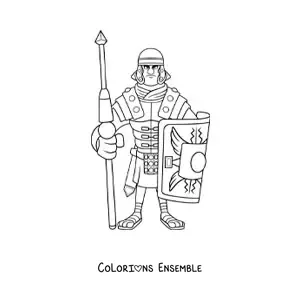 Image à colorier d'un soldat de l'Empire romain en style animé