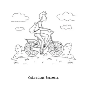 Image à colorier d'un homme à vélo avec des nuages en arrière-plan
