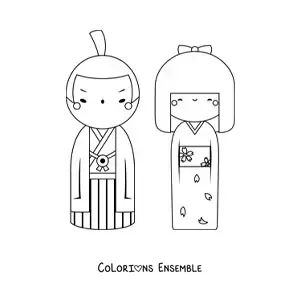 Image à colorier d'un couple japonais en tenue traditionnelle