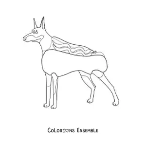 Image à colorier d’un doberman déguisé en hot-dog