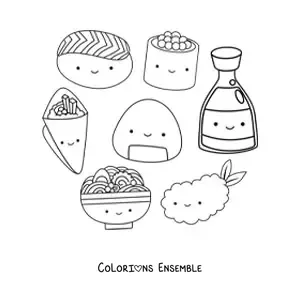 Image à colorier de cuisine japonaise en style animé